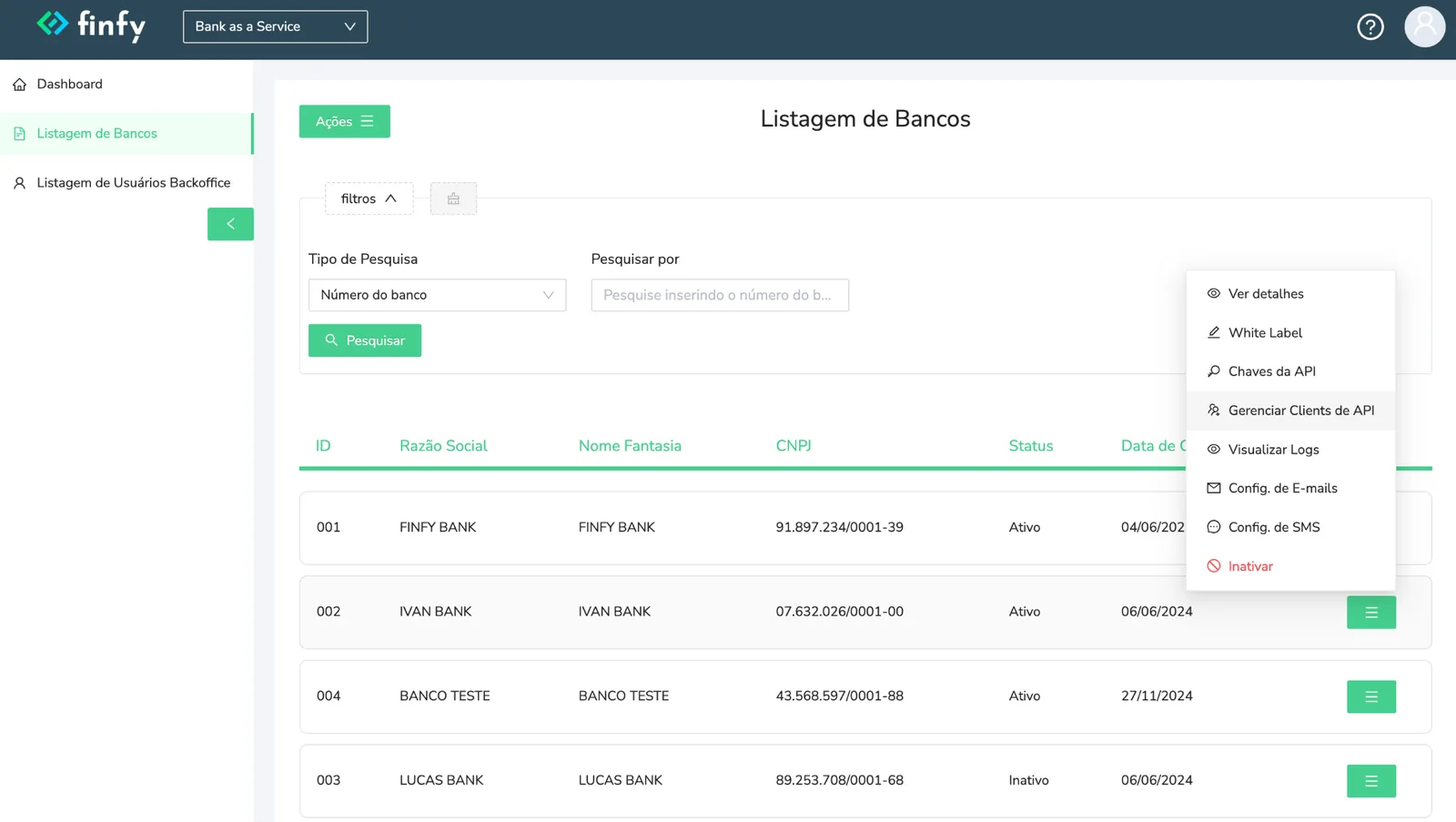 Tela do produto Finfy — Banking as a Service (BaaS)