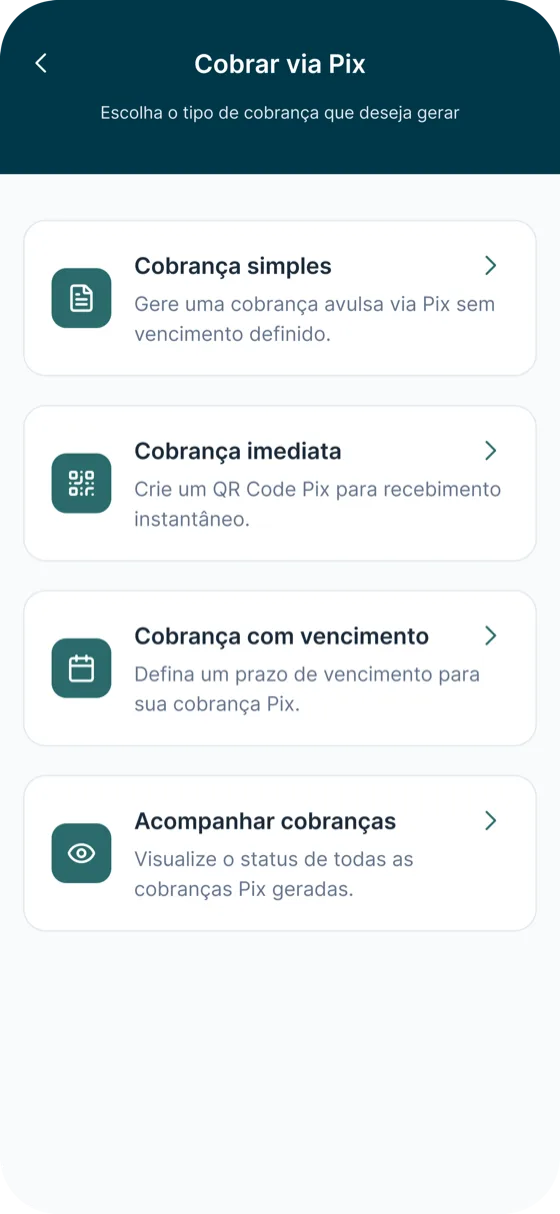 Tela de tipos de cobrança via Pix no app Finfy