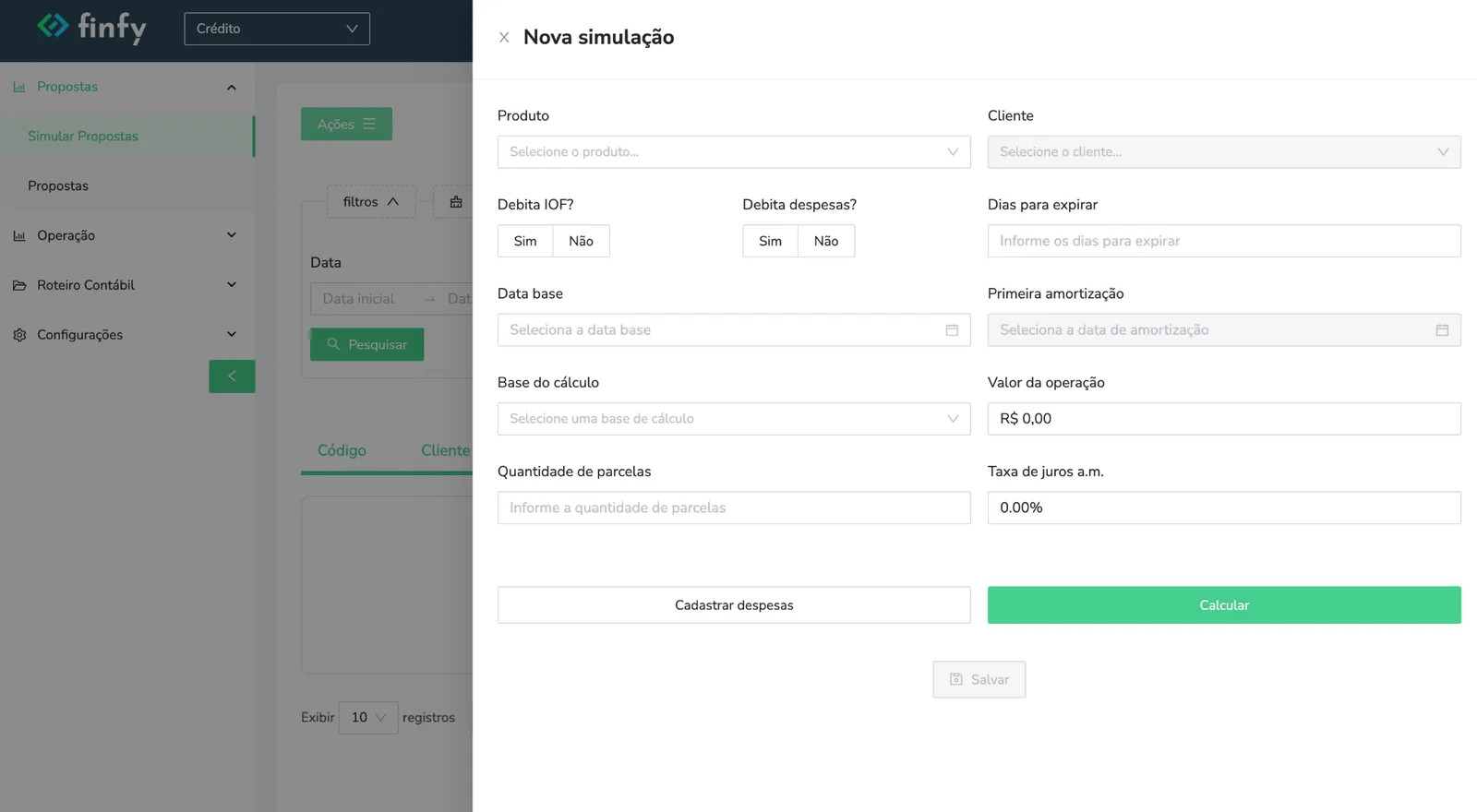 Tela do produto Finfy — Crédito e Antecipações