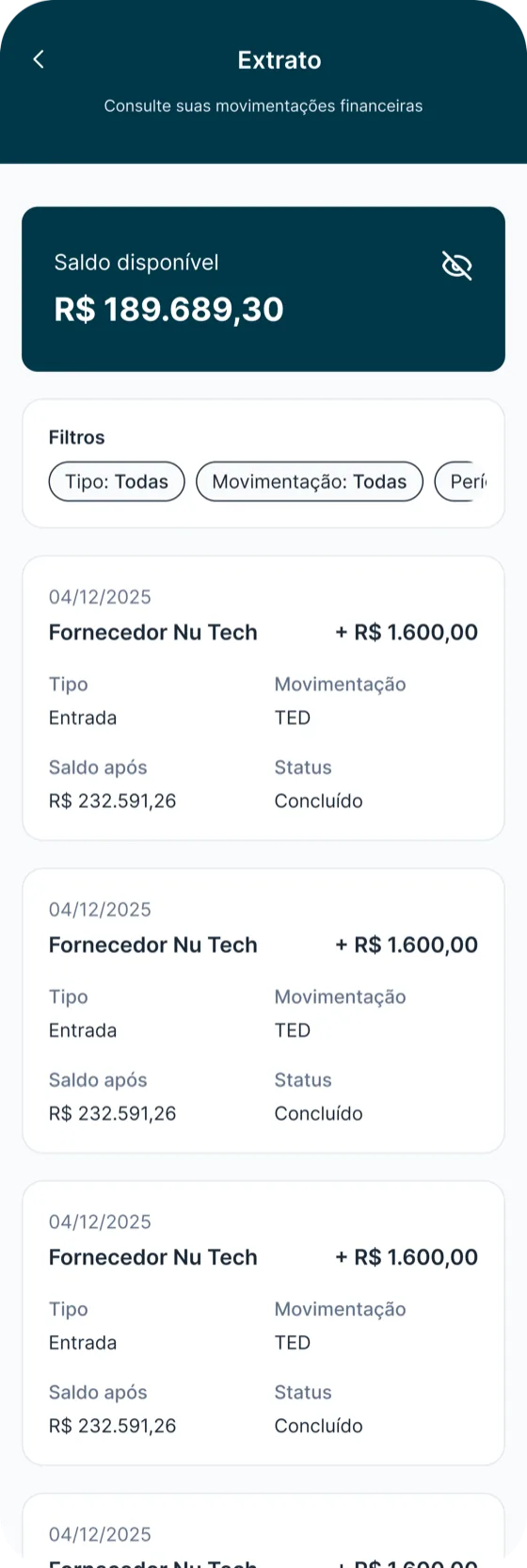 Tela de extrato e movimentações do app Finfy