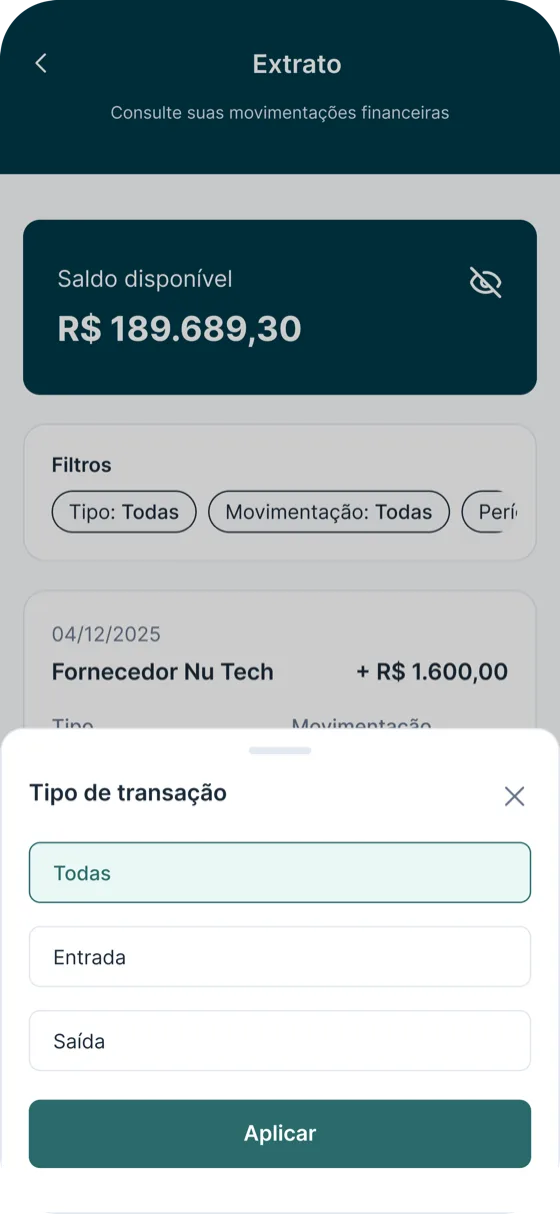 Tela de filtros do extrato no app Finfy