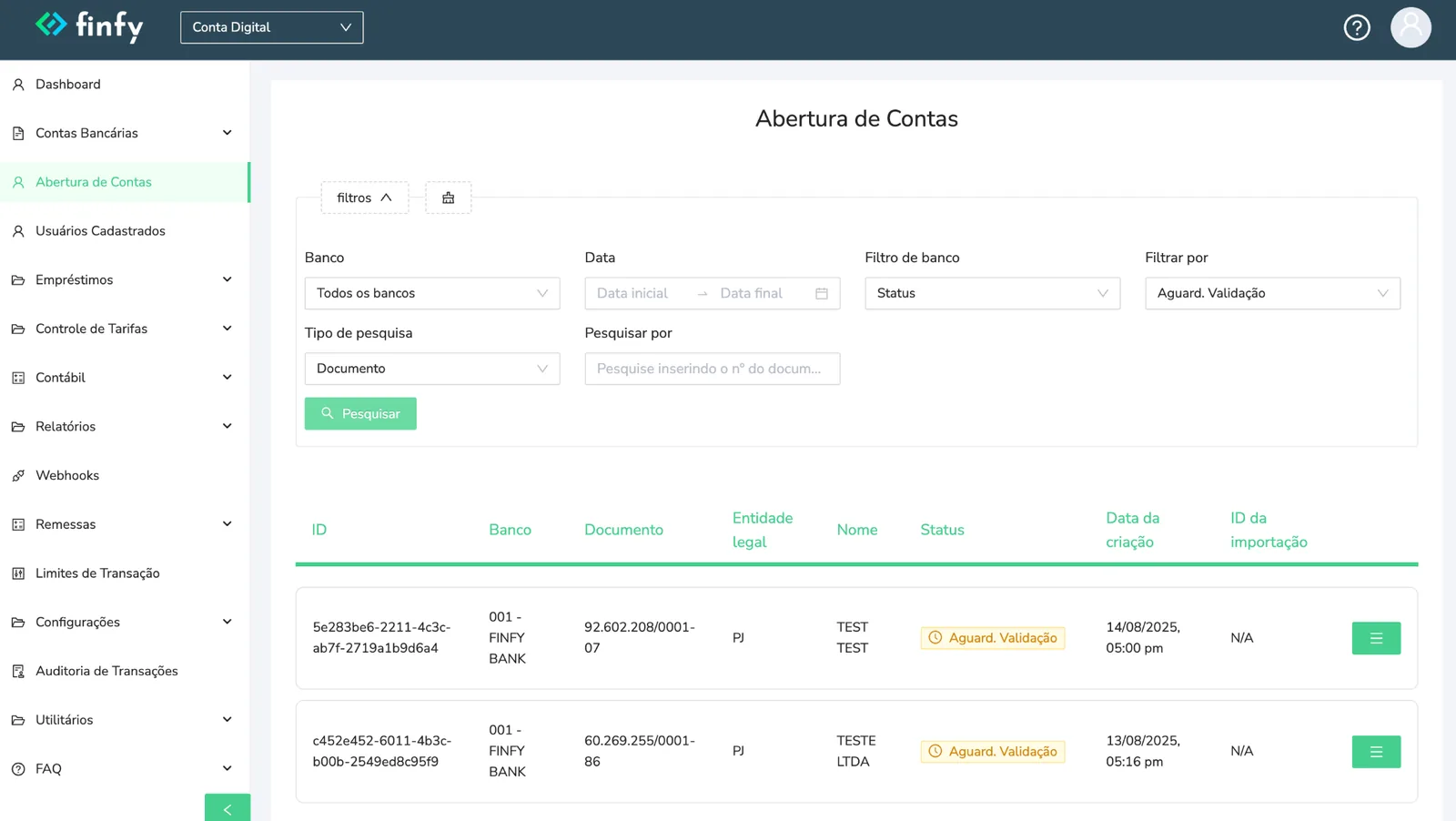 Tela do produto Finfy — Onboarding e Compliance