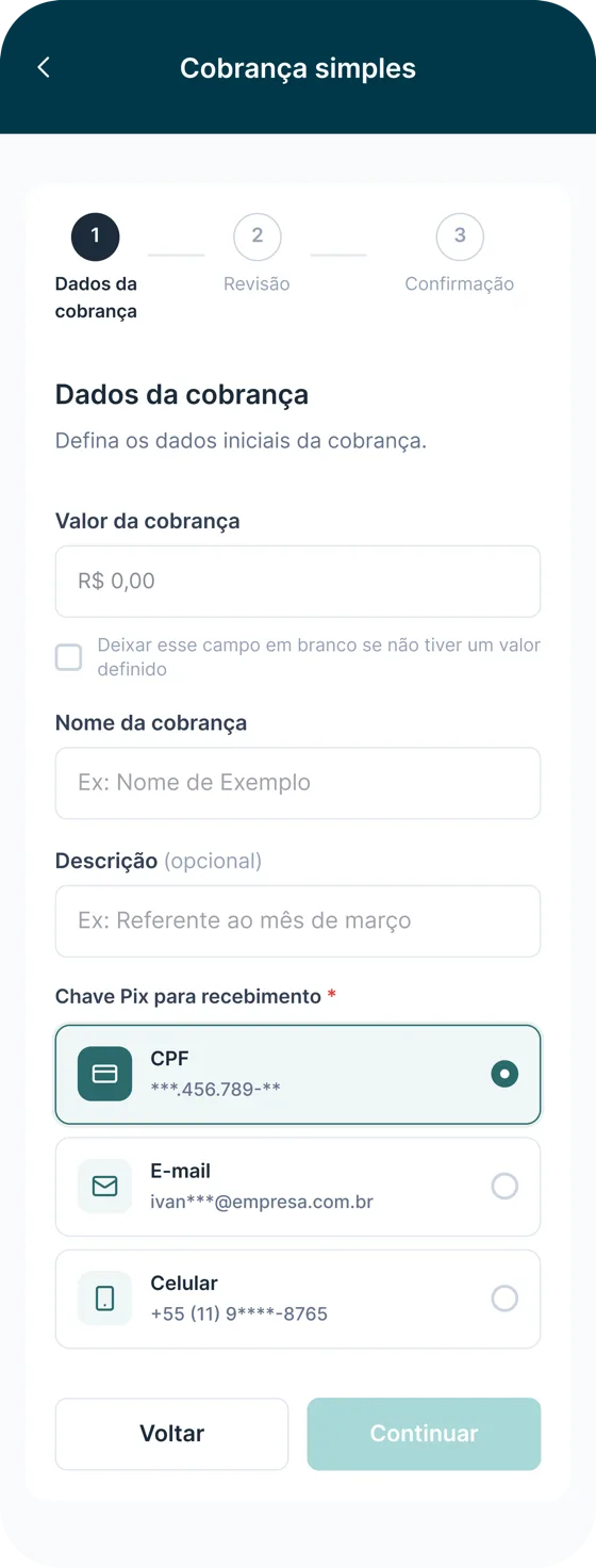 Tela de dados da cobrança Pix no app Finfy