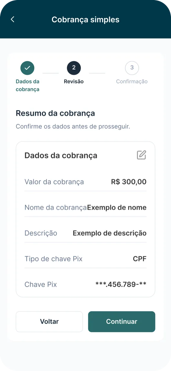 Tela de revisão e confirmação da cobrança Pix