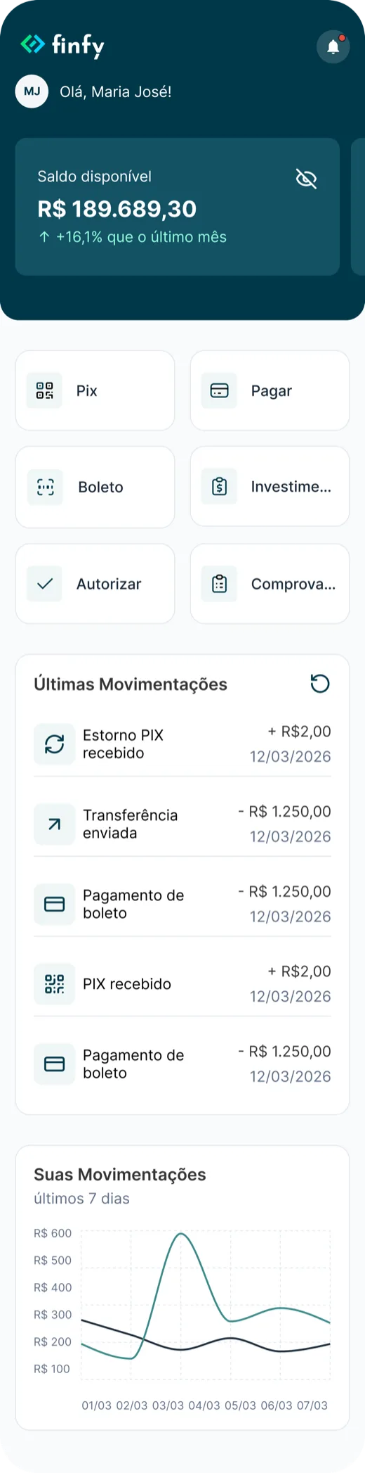 App white label da Finfy: conta digital com saldo, Pix, boleto, pagamentos e movimentações